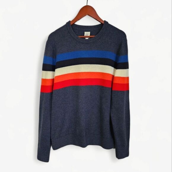 GAP Crazy Striped Rainbow Merino Wool Crew Neck Multicolor Pullover Sweater L - Picture 2 of 9